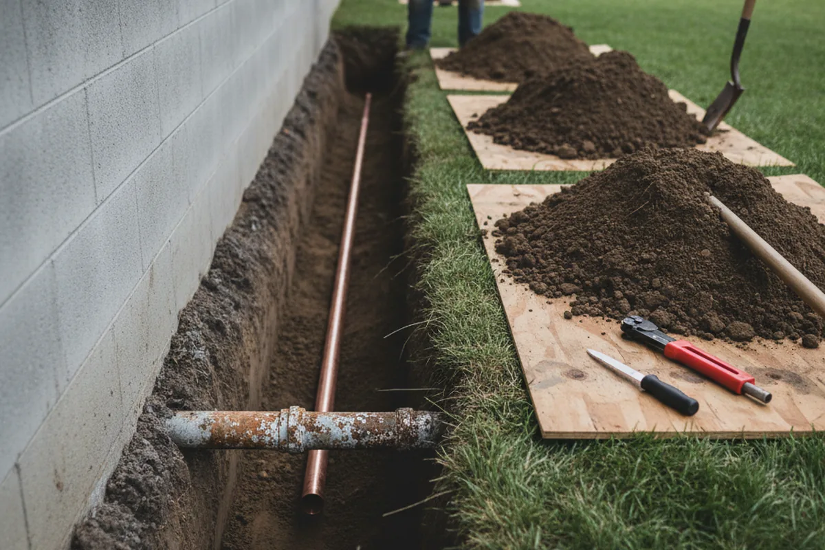 Excavated water line trench during Sewer Line Repair in Tar Heel
